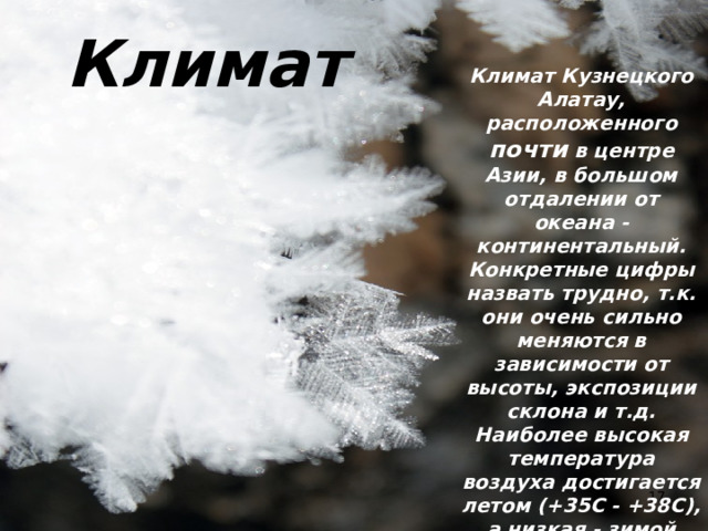 Климат Климат Кузнецкого Алатау, расположенного почти в центре Азии, в большом отдалении от океана - континентальный. Конкретные цифры назвать трудно, т.к. они очень сильно меняются в зависимости от высоты, экспозиции склона и т.д. Наиболее высокая температура воздуха достигается летом (+35C - +38С), а низкая - зимой может доходить до -54С.  