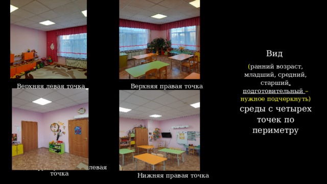 Вид ( ранний возраст, младший, средний, старший , подготовительный – нужное подчеркнуть) среды с четырех точек по периметру Верхняя левая точка Верхняя правая точка Вход в группу, нижняя левая точка Нижняя правая точка  