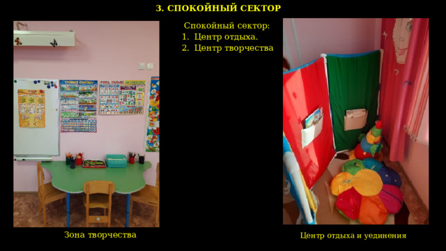 3. СПОКОЙНЫЙ СЕКТОР  Спокойный сектор: Центр отдыха. Центр творчества  Зона творчества    Центр отдыха и уединения    