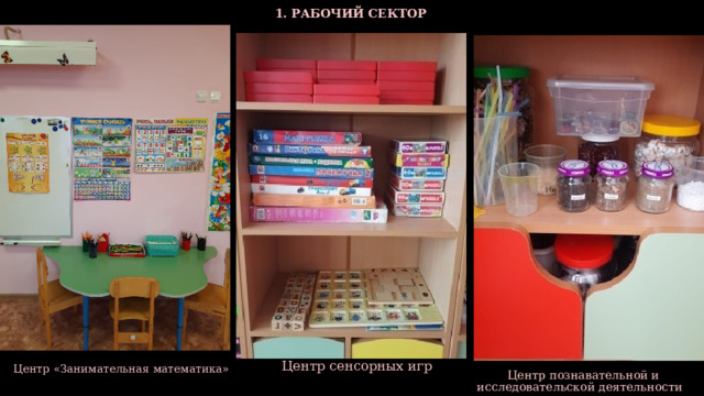  1. РАБОЧИЙ СЕКТОР  Центр сенсорных игр  Центр «Занимательная математика»  Центр познавательной и исследовательской деятельности  