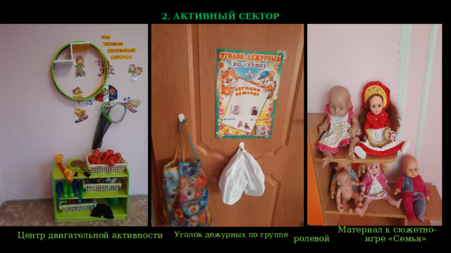 2. АКТИВНЫЙ СЕКТОР  Материал к сюжетно-ролевой игре «Семья»  Центр двигательной активности   Уголок дежурных по группе   