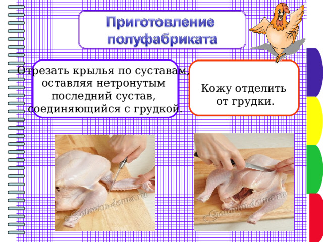 Отрезать крылья по суставам, оставляя нетронутым последний сустав, соединяющийся с грудкой. Кожу отделить от грудки. 