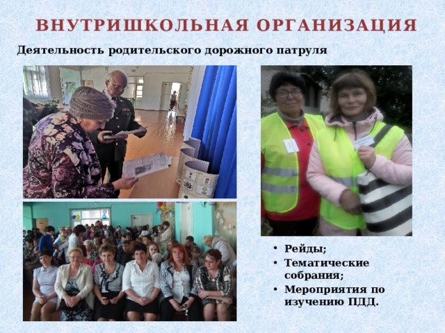 ВНУТРИШКОЛЬНАЯ ОРГАНИЗАЦИЯ Деятельность родительского дорожного патруля Рейды; Тематические собрания; Мероприятия по изучению ПДД.   