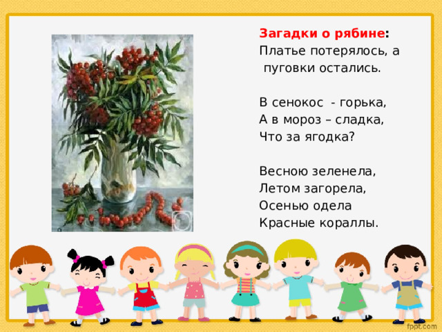 Загадки  о  рябине : Платье потерялось, а  пуговки остались. В сенокос - горька, А в мороз – сладка, Что за ягодка? Весною зеленела, Летом загорела, Осенью одела Красные кораллы. 