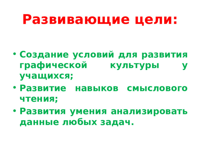 Развивающие цели: Создание условий для развития графической культуры у учащихся; Развитие навыков смыслового чтения; Развития умения анализировать данные любых задач. 