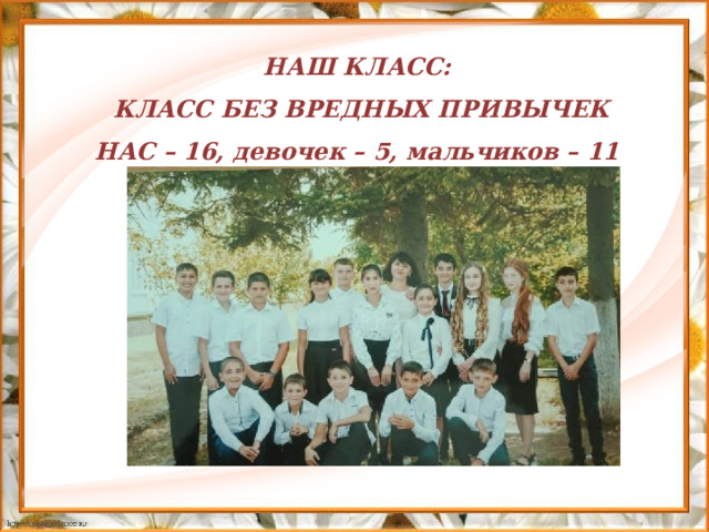 НАШ КЛАСС:  КЛАСС БЕЗ ВРЕДНЫХ ПРИВЫЧЕК НАС – 16, девочек – 5, мальчиков – 11 