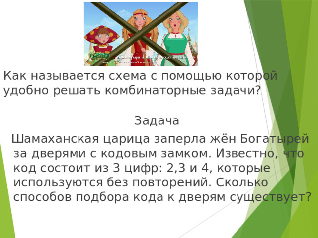 Как называется схема с помощью которой удобно решать комбинаторные задачи? Задача  Шамаханская царица заперла жён Богатырей за дверями с кодовым замком. Известно, что код состоит из 3 цифр: 2,3 и 4, которые используются без повторений. Сколько способов подбора кода к дверям существует? 