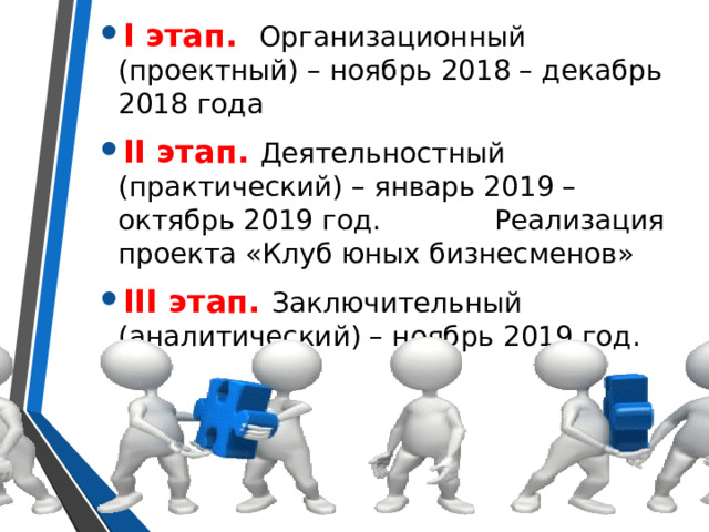 I этап. Организационный (проектный) – ноябрь 2018 – декабрь 2018 года II этап. Деятельностный (практический) – январь 2019 – октябрь 2019 год. Реализация проекта «Клуб юных бизнесменов» III этап. Заключительный (аналитический) – ноябрь 2019 год. 