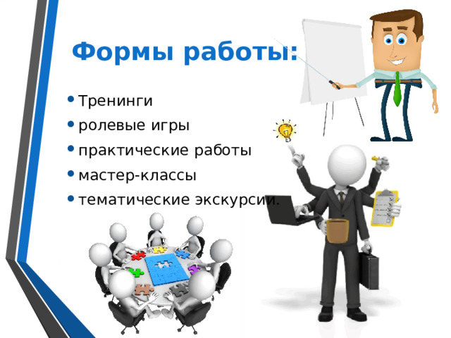 Формы работы: Тренинги ролевые игры практические работы мастер-классы тематические экскурсии. 