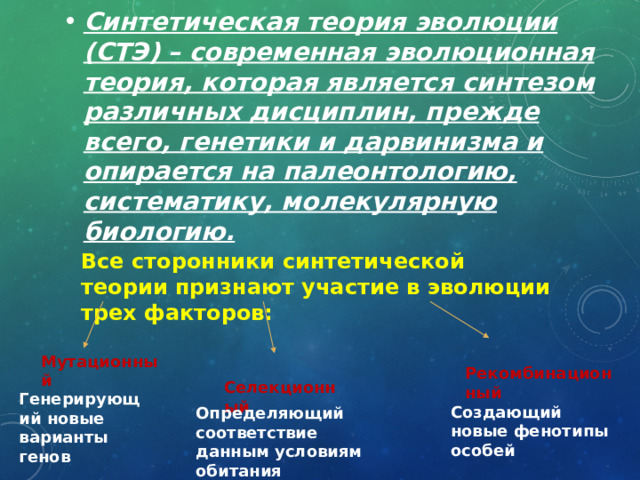 Синтетическая теория эволюции (СТЭ) – современная эволюционная теория, которая является синтезом различных дисциплин, прежде всего, генетики и дарвинизма и опирается на палеонтологию, систематику, молекулярную биологию. Все сторонники синтетической теории признают участие в эволюции трех факторов: Мутационный Рекомбинационный Селекционный Генерирующий новые варианты генов Создающий новые фенотипы особей Определяющий соответствие данным условиям обитания 