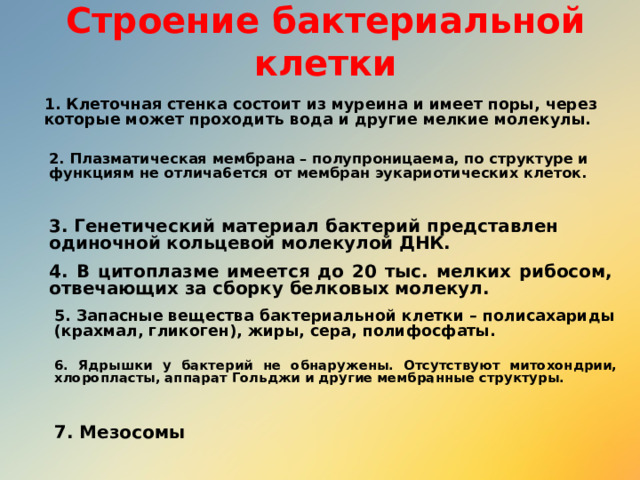 Строение бактериальной клетки 1. Клеточная стенка состоит из муреина и имеет поры, через которые может проходить вода и другие мелкие молекулы. 2. Плазматическая мембрана – полупроницаема, по структуре и функциям не отлича6ется от мембран эукариотических клеток. 3. Генетический материал бактерий представлен одиночной кольцевой молекулой ДНК. 4. В цитоплазме имеется до 20 тыс. мелких рибосом, отвечающих за сборку белковых молекул. 5. Запасные вещества бактериальной клетки – полисахариды (крахмал, гликоген), жиры, сера, полифосфаты. 6. Ядрышки у бактерий не обнаружены. Отсутствуют митохондрии, хлоропласты, аппарат Гольджи и другие мембранные структуры. 7. Мезосомы 