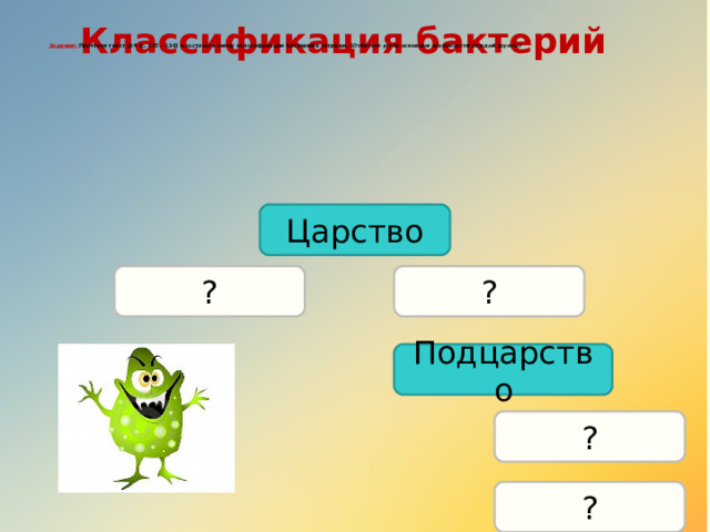 Классификация бактерий   Задание: Прочтите текст §24 (с. 135 – 136) и составьте схему классификации бактерий в тетради. ( Отметьте устно основные особенности каждой группы)  Царство ? ? Подцарство ? ? 