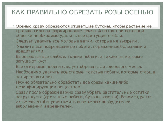 Как правильно обрезать розы осенью Осенью сразу обрезаются отцветшие бутоны, чтобы растение не тратило силы на формирование семян. А потом при основной обрезке необходимо удалить все цветущие стебли. Следует удалить все молодые ветки, которые не вызрели .  Удалите все поврежденные побеги, пораженные болезнями и вредителями. Вырезаются все слабые, тонкие побеги, а также те, которые загущают куст. Все отмершие побеги следует обрезать до здорового места. Необходимо удалить все старые, толстые побеги, которые старше четырех-пяти лет. Нужно обязательно обработать все срезы каким-либо дезинфицирующим веществом. Сразу после обрезки важно сразу убрать растительные остатки вокруг куста (срезанные побеги, бутоны, листья). Рекомендуется их сжечь, чтобы уничтожить возможных возбудителей заболеваний и вредителей. 
