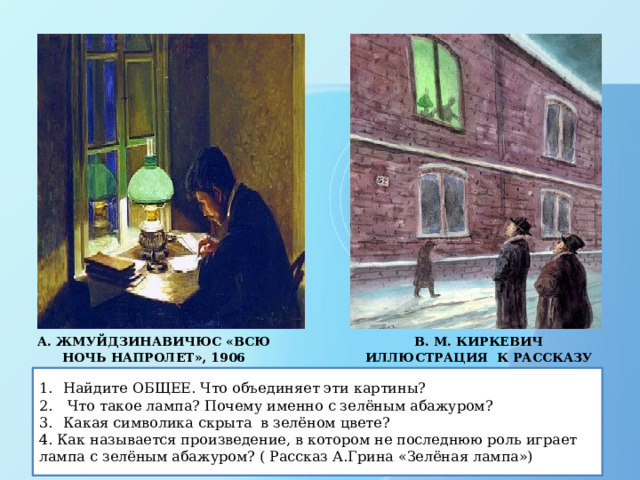 А. ЖМУЙДЗИНАВИЧЮС «ВСЮ НОЧЬ НАПРОЛЕТ», 1906 В. М. КИРКЕВИЧ иллюстрация К РАССКАЗУ А. ГРИНА Найдите ОБЩЕЕ. Что объединяет эти картины?  Что такое лампа? Почему именно с зелёным абажуром? Какая символика скрыта в зелёном цвете? 4. Как называется произведение, в котором не последнюю роль играет лампа с зелёным абажуром? ( Рассказ А.Грина «Зелёная лампа») 