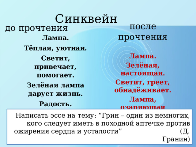 Синквейн после прочтения  Лампа. Зелёная, настоящая. Светит, греет, обнадёживает. Лампа, озаряющая темноту ночи! Маяк! до прочтения Лампа. Тёплая, уютная. Светит, привечает, помогает. Зелёная лампа дарует жизнь. Радость. Написать эссе на тему: “Грин – один из немногих, кого следует иметь в походной аптечке против ожирения сердца и усталости” (Д. Гранин) 