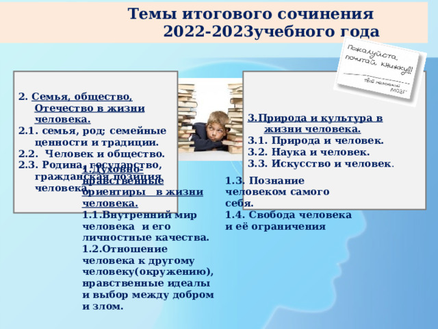  Темы итогового сочинения  2022-2023учебного года 2. Семья, общество, Отечество в жизни человека. 3.Природа и культура в жизни человека. 2.1. семья, род; семейные ценности и традиции. 3.1. Природа и человек. 3.2. Наука и человек. 2.2. Человек и общество. 3.3. Искусство и человек . 2.3. Родина, государство, гражданская позиция человека . 1.Духовно-нравственные ориентиры в жизни человека. 1.1.Внутренний мир человека и его личностные качества.  1.2.Отношение человека к другому человеку(окружению), 1.3. Познание человеком самого себя. нравственные идеалы и выбор между добром и злом. 1.4. Свобода человека и её ограничения 