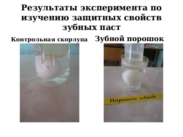 Результаты эксперимента по изучению защитных свойств зубных паст Контрольная скорлупа Зубной порошок 