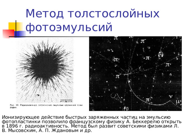 Метод толстослойных фотоэмульсий Ионизирующее действие быстрых заряженных частиц на эмульсию фотопластинки позволило французскому физику А. Беккерелю открыть в 1896 г. радиоактивность. Метод был развит советскими физиками Л. В. Мысовским, А. П. Ждановым и др. 