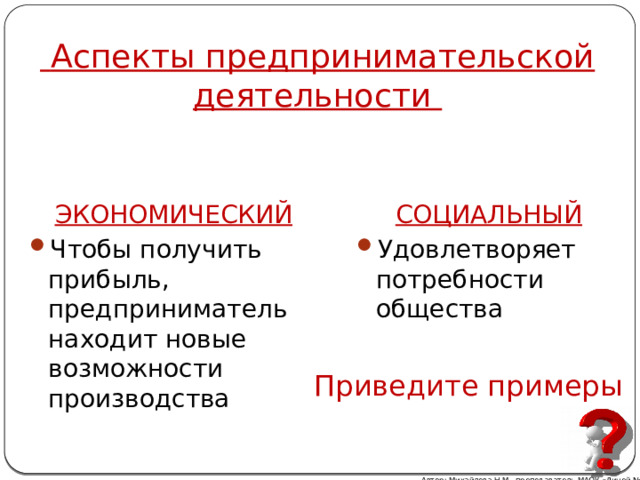  Аспекты предпринимательской деятельности ЭКОНОМИЧЕСКИЙ СОЦИАЛЬНЫЙ Чтобы получить прибыль, предприниматель находит новые возможности производства Удовлетворяет потребности общества Приведите примеры Автор: Михайлова Н.М.- преподаватель МАОУ «Лицей № 21» 