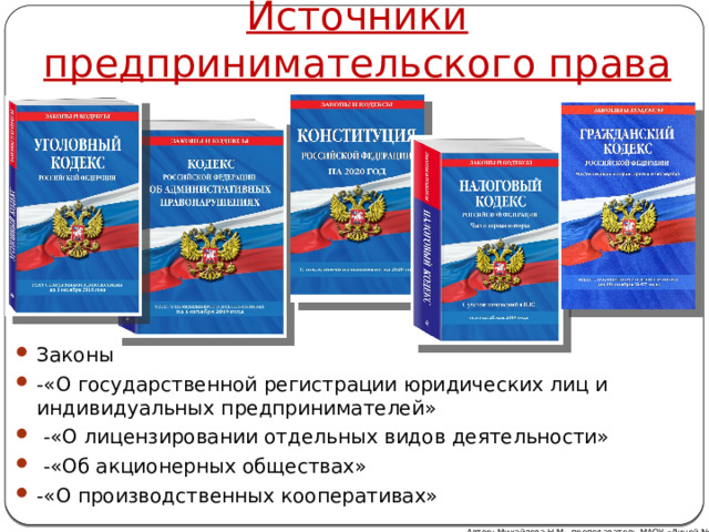 Источники предпринимательского права Законы -«О государственной регистрации юридических лиц и индивидуальных предпринимателей»  -«О лицензировании отдельных видов деятельности»  -«Об акционерных обществах» -«О производственных кооперативах» Автор: Михайлова Н.М.- преподаватель МАОУ «Лицей № 21» 