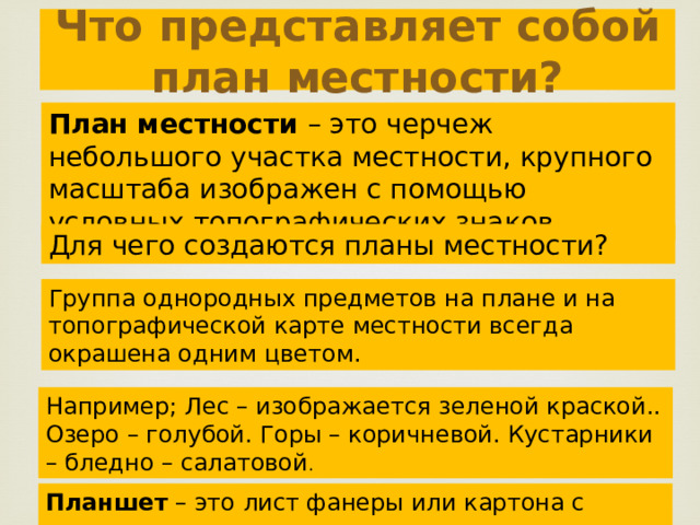 Что представляет собой план местности? План местности – это черчеж небольшого участка местности, крупного масштаба изображен с помощью условных топографических знаков. Для чего создаются планы местности? Группа однородных предметов на плане и на топографической карте местности всегда окрашена одним цветом. Например; Лес – изображается зеленой краской.. Озеро – голубой. Горы – коричневой. Кустарники – бледно – салатовой . Планшет – это лист фанеры или картона с компасом. 