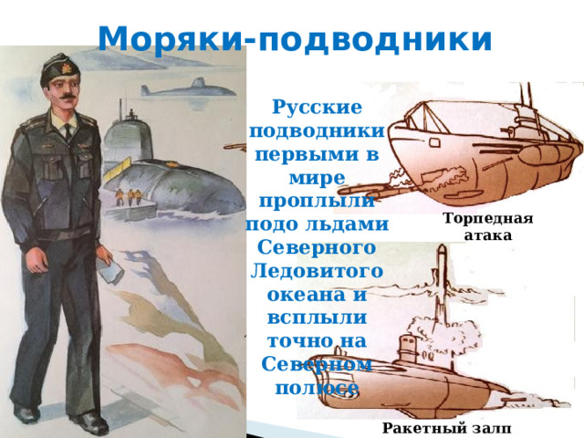 Моряки-подводники Русские подводники первыми в мире проплыли подо льдами Северного Ледовитого океана и всплыли точно на Северном полюсе Торпедная атака Ракетный залп 