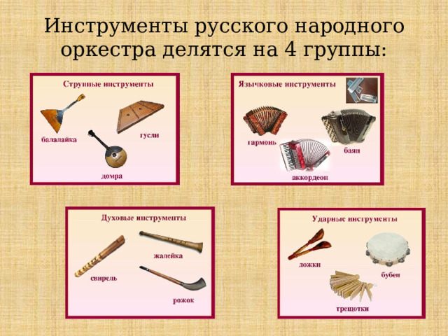 Инструменты русского народного оркестра делятся на 4 группы: Инструменты русского народного оркестра делятся на 4 группы: Струнные; Язычковые; Духовые; Ударные.  