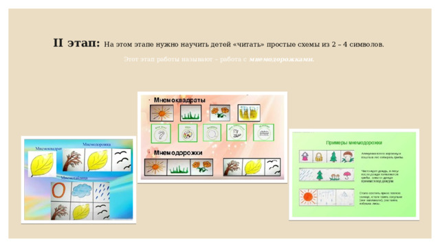 II этап: На этом этапе нужно научить детей «читать» простые схемы из 2 – 4 символов.   Этот этап работы называют – работа с мнемодорожками .   