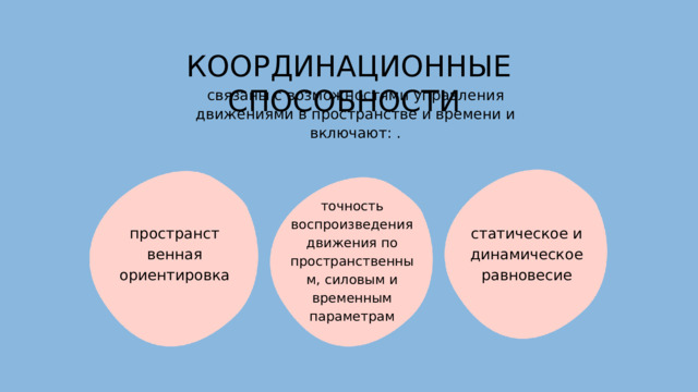 КООРДИНАЦИОННЫЕ СПОСОБНОСТИ связаны с возможностями управления движениями в пространстве и времени и включают: . точность воспроизведения движения по пространственным, силовым и временным параметрам статическое и динамическое равновесие пространст венная ориентировка 