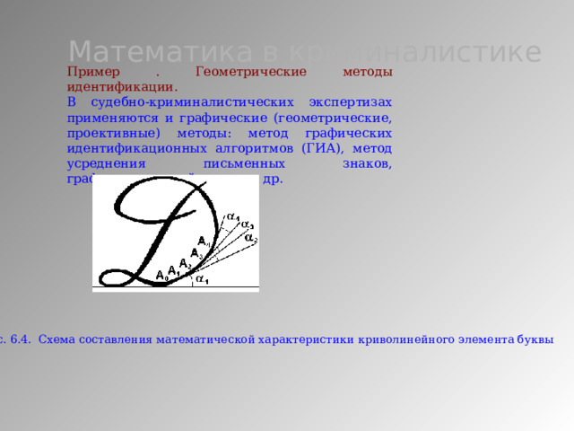 Математика в криминалистике Пример . Геометрические методы идентификации. В судебно-криминалистических экспертизах применяются и графические (геометрические, проективные) методы: метод графических идентификационных алгоритмов (ГИА), метод усреднения письменных знаков, графометрический анализ и др. Рис. 6.4. Схема составления математической характеристики криволинейного элемента буквы 