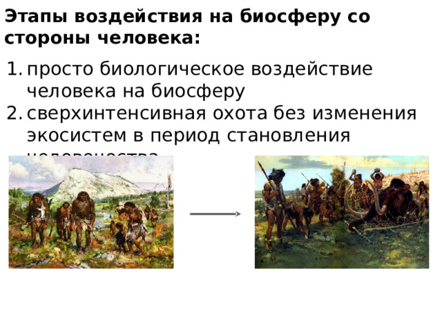 Этапы воздействия на биосферу со стороны человека: просто биологическое воздействие человека на биосферу сверхинтенсивная охота без изменения экосистем в период становления человечества 