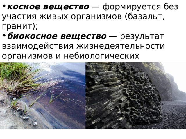 косное вещество  — формируется без участия живых организмов (базальт, гранит); биокосное вещество  — результат взаимодействия жизнедеятельности организмов и небиологических процессов (почва, ил). 