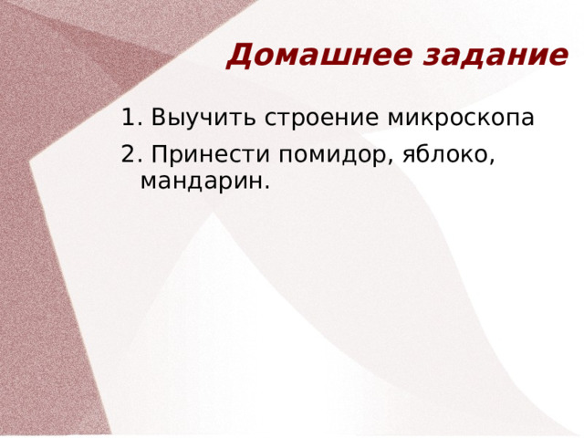 Домашнее задание 1. Выучить строение микроскопа 2. Принести помидор, яблоко, мандарин.  