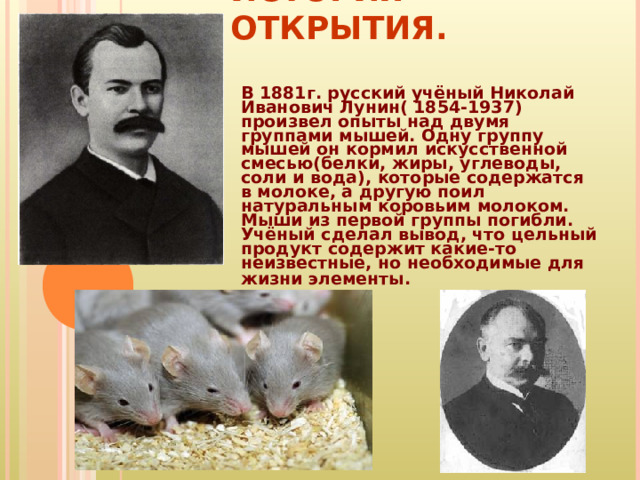 ИСТОРИЯ ОТКРЫТИЯ. В 1881г. русский учёный Николай Иванович Лунин( 1854-1937) произвел опыты над двумя группами мышей. Одну группу мышей он кормил искусственной смесью(белки, жиры, углеводы, соли и вода), которые содержатся в молоке, а другую поил натуральным коровьим молоком. Мыши из первой группы погибли. Учёный сделал вывод, что цельный продукт содержит какие-то неизвестные, но необходимые для жизни элементы.  