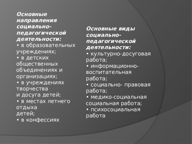 Основные направления  социально-педагогической  деятельности:  • в образовательных  учреждениях;  • в детских общественных  объединениях и  организациях;  • в учреждениях творчества  и досуга детей;  • в местах летнего отдыха  детей;  • в конфессиях Основные виды социально-педагогической  деятельности:  • культурно-досуговая  работа;  • информационно-воспитательная работа;  • социально- правовая  работа;  • медико-социальная  социальная работа;  • психосоциальная работа 