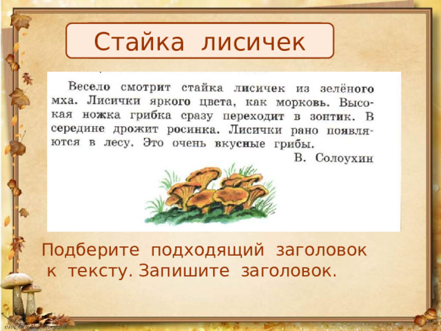 Лисички Грибы лисички Стайка лисичек Подберите подходящий заголовок  к тексту. Запишите заголовок. 