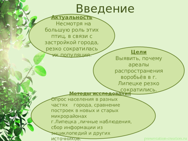 Введение Актуальность   Несмотря на большую роль этих птиц, в связи с застройкой города, резко сократилась их популяция . Цели Выявить, почему ареалы распространения воробьёв в г. Липецке резко сократились.  Методы исследования Опрос населения в разных частях города, сравнение построек в новых и старых микрорайонах г.Липецка ,личные наблюдения, сбор информации из энциклопедий и других источников.  