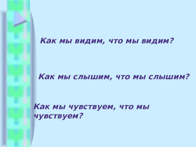 Как мы видим, что мы видим? Как мы слышим, что мы слышим? Как мы чувствуем, что мы чувствуем? 