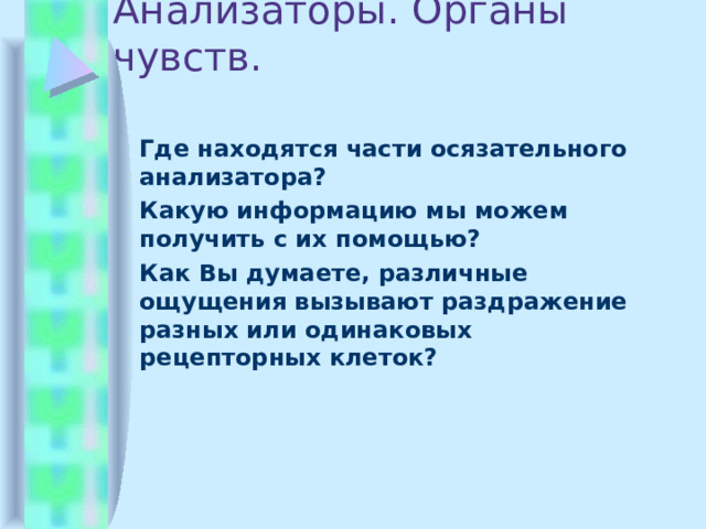 Анализаторы. Органы чувств.  Где находятся части осязательного анализатора?  Какую информацию мы можем получить с их помощью?  Как Вы думаете, различные ощущения вызывают раздражение разных или одинаковых рецепторных клеток? 