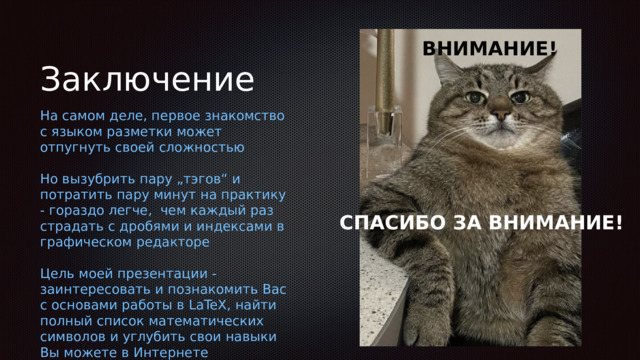 ВНИМАНИЕ! Заключение На самом деле, первое знакомство с языком разметки может отпугнуть своей сложностью Но вызубрить пару „тэгов“ и потратить пару минут на практику - гораздо легче,  чем каждый раз страдать с дробями и индексами в графическом редакторе Цель моей презентации - заинтересовать и познакомить Вас с основами работы в LaTeX, найти полный список математических символов и углубить свои навыки Вы можете в Интернете СПАСИБО ЗА ВНИМАНИЕ! 