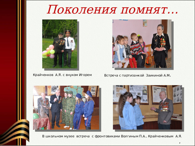 Поколения помнят … Встреча с партизанкой Заикиной А.М . Крайченков А.Я. с внуком Игорем В школьном музее встреча с фронтовиками Волгиным П.А., Крайченковым А.Я. , 