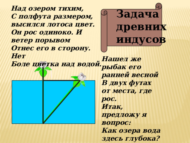 Над озером тихим, С полфута размером, высился лотоса цвет. Он рос одиноко. И ветер порывом Отнес его в сторону. Нет Боле цветка над водой. Задача древних индусов Нашел же рыбак его ранней весной В двух футах от места, где рос. Итак, предложу я вопрос: Как озера вода здесь глубока? 