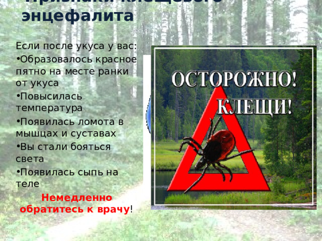  Признаки клещевого энцефалита   Если после укуса у вас: Образовалось красное пятно на месте ранки от укуса  Повысилась температура  Появилась ломота в мышцах и суставах   Вы стали бояться света  Появилась сыпь на теле Немедленно обратитесь к врачу ! 