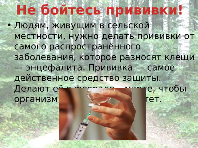 Не бойтесь прививки! Людям, живущим в сельской местности, нужно делать прививки от самого распространённого заболевания, которое разносят клещи — энцефалита. Прививка — самое действенное средство защиты. Делают её в феврале – марте, чтобы организм приобрёл иммунитет. 