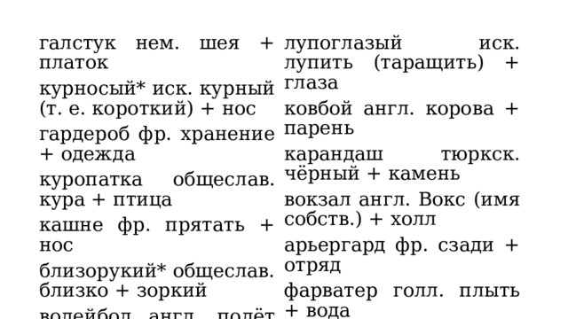 галстук нем. шея + платок курносый* иск. курный (т. е. короткий) + нос лупоглазый иск. лупить (таращить) + глаза гардероб фр. хранение + одежда ковбой англ. корова + парень куропатка общеслав. кура + птица карандаш тюркск. чёрный + камень кашне фр. прятать + нос вокзал англ. Вокс (имя собств.) + холл арьергард фр. сзади + отряд близорукий* общеслав. близко + зоркий волейбол англ. полёт + мяч фарватер голл. плыть + вода коктейль англ. петух + хвост 