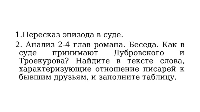 1.Пересказ эпизода в суде. 2. Анализ 2-4 глав романа. Беседа. Как в суде принимают Дубровского и Троекурова? Найдите в тексте слова, характеризующие отношение писарей к бывшим друзьям, и заполните таблицу. 