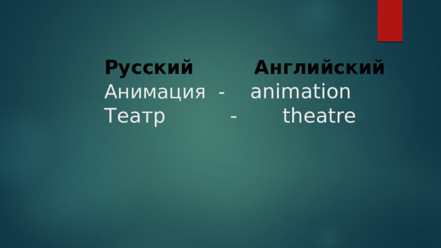 Русский Английский  Анимация - animation  Театр - theatre   