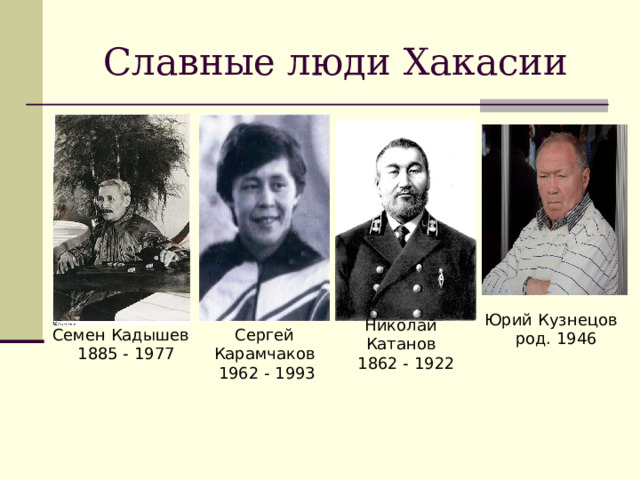 Славные люди Хакасии Юрий Кузнецов  род. 1946 Николай Катанов  1862 - 1922 Семен Кадышев  1885 - 1977 Сергей Карамчаков  1962 - 1993  