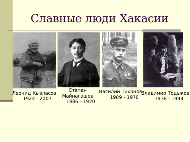 Славные люди Хакасии Степан Майнагашев  1886 - 1920 Василий Тихонов  1909 - 1976 Леонид Кызласов  1924 - 2007 Владимир Тодыков  1938 - 1994 