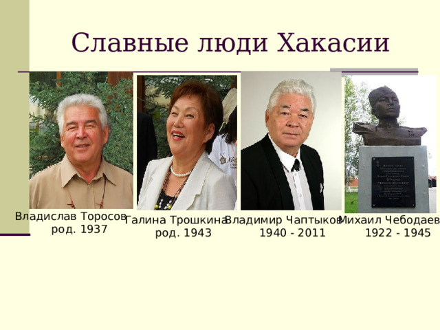 Славные люди Хакасии Владислав Торосов  род. 1937 Галина Трошкина  род. 1943 Владимир Чаптыков  1940 - 2011 Михаил Чебодаев  1922 - 1945 